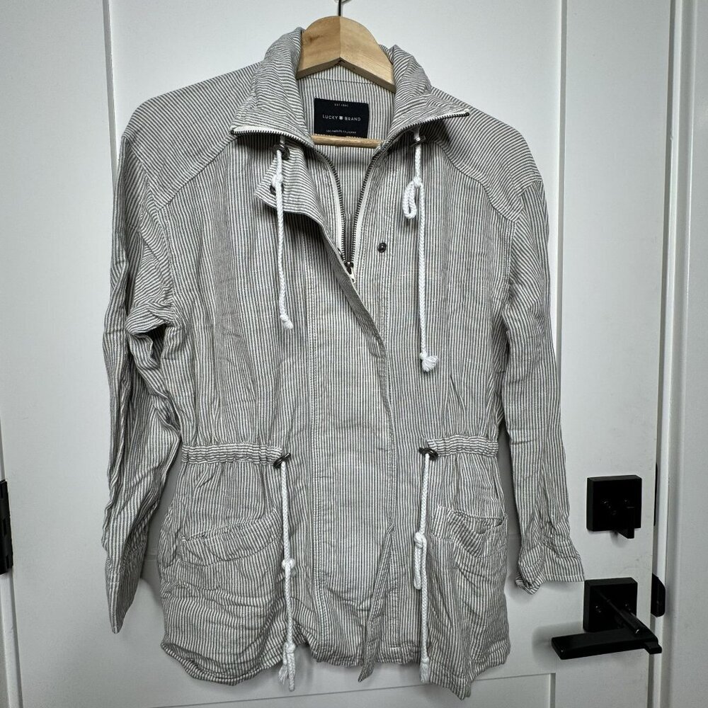 Lucky Brand Womens Striped Utility Jacket With Drawstring Waist Front Pockets SM